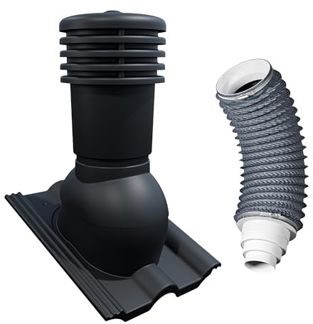 Bandloo Entlüfterkamin Dachziegel Lüftungskamin VENTOS X PLUS 150 mm + FLEXOS X PLUS 60 cm für Tile Nelskamp Finkenberger, Benders Mecklenburger. Pfanne Entlüftung (Schwarz RAL 9005)