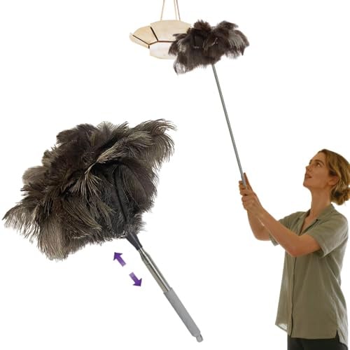 NCEDN Genuine Ostrich Feather Duster 100CM - Extendable Stainless Steel Handle, 20cm Long Thick Feathers, Telescopic Duster for Ceiling Fans, Blinds, Furniture, Car, Washable