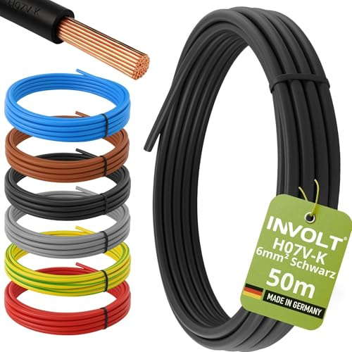 INVOLT H07V-K 50m 6mm² schwarz Aderleitung flexibel Verdrahtungsleitung PVC Meterware, Made in Germany | Feindrähtig, Flexibel, Erdungsleitung für Elektroinstallation, Made in Germany
