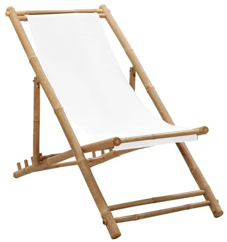 Tonture Bambus Liegestuhl, weißes Canvas, 4-Fach verstellbar, klappbar, für Garten, Terrasse, Balkon, Außenbereich, 112x60x75 cm
