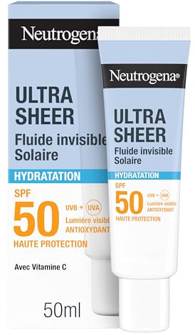 Neutrogena – Fluide Solaire Invisible Ultra Sheer Hydratation SPF 50 UVB + UVA (50 ml) – Crème solaire visage antioxydante avec vitamine C – Sec au toucher et absorption rapide, hydratation 24h