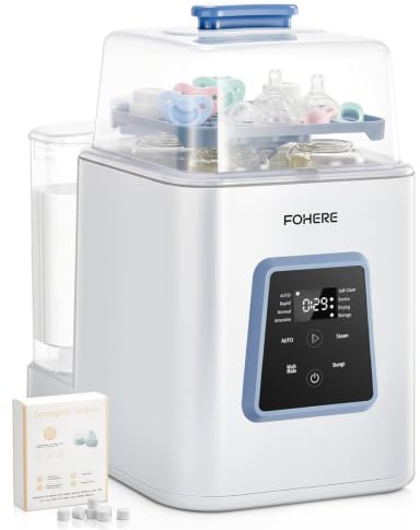 FOHERE Baby Bottle Washer Pro 4-in-1 Steriliser and Dryer | Breast Pump Washer for Newborn Essentials, 168H Storage, 29 High-Pressure Spray Jets, Dual Water Supply with 60 Tablets