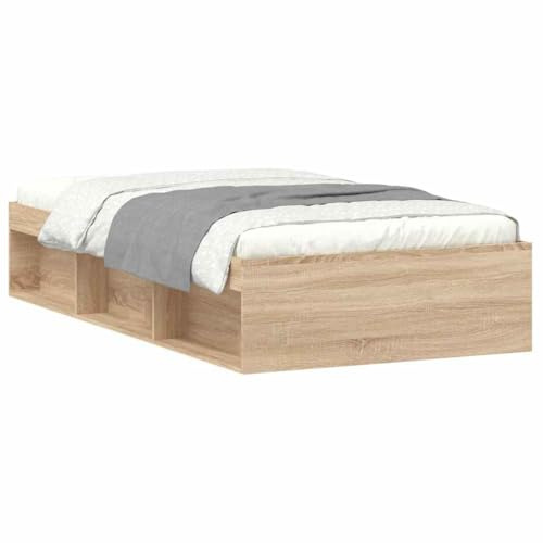 HETFTJN Bettgestell Sonoma-Eiche 90x200 cm Modernes Echtholz-Design mit 6 Staufächern Robustes Holzwerkstoff & massives Kiefernholz für Schlafzimmer Jugendzimmer und Gästezimmer