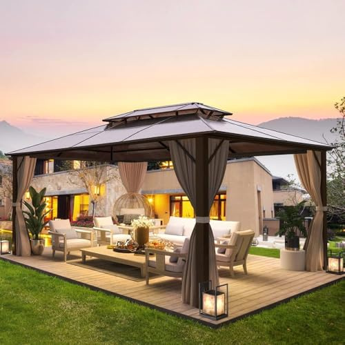 ESLOHNT 4 X 3 m Pavillon Doppeldach Alu Wasserdicht mit Vorhang-Seitenteile und Netz, Wetterfest Gartenpavillon Stabil Aluminiumrahmen Polycarbonat Partyzelt Hardtop für Garten, Terrasse