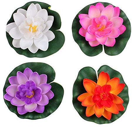 JIHUOO 4 Stück Künstliche Lotus Blüte Wasserlilie Seerosen Teichpflanzen Blumen Deko Teich Wasserpflanzen 28CM