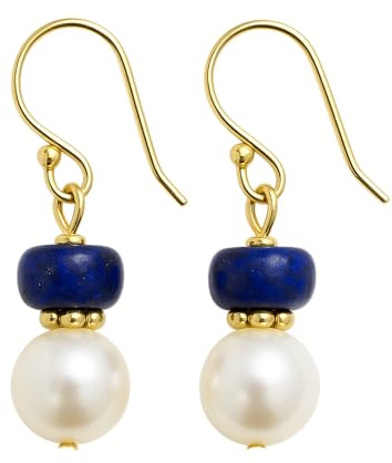 Lapis lazuli und perle Vergoldet 925 Silber Ohrringe - Natürlicher Edelstein - Geburtstagsgeschenk - Handgefertigte Geschenkideen für Frauen
