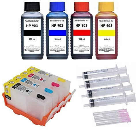 Wiederbefüllbare Tintenpatronen kompatibel mit HP 903 (XL) Black Cyan Magenta Yellow + 400 ml Nachfülltinte für OfficeJet 6950, OfficeJet Pro 6868, 6950, 6960, 6970, 6975, 6978