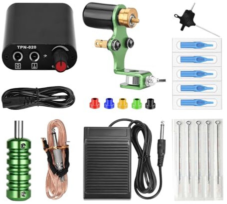 ATOMUS Professional Complete Tattoo Machine Set 1 Tattoo Machine Gun Tattoo Machine Power Supply Tattoo Accessories Foot Pedal Clip Cord Tattoo Needle Rubber Machine and Rubber Bands(green)