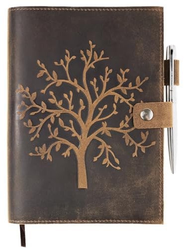 moonster Nachfüllbares Leder Notizbuch, mit Lebensbaum Prägung - Handgefertigtes Skizzenbuch aus Echtem Leder mit Stifthalter, inkl. Liniertem A5 Premium Papier & Stift - Tagebuch für Erwachsene