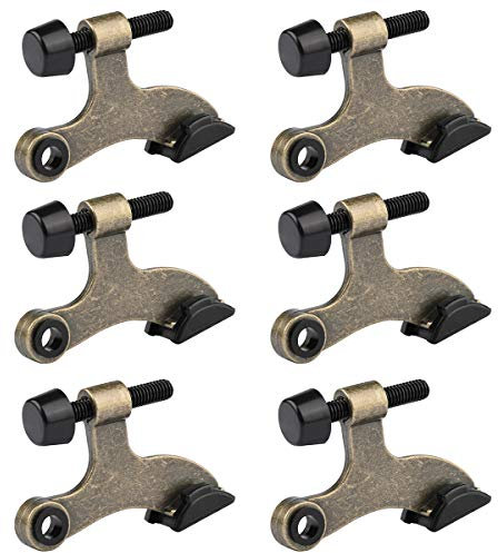 HOMOTEK 6 Pack Hinge Pin Antique Brass Door Stopper, Adjustable Deluxe Heavy Duty Door Stopper 2-1/2x1-3/4”, with Black Rubber Bumper Tips