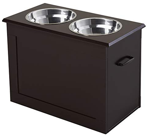 PawHut Double Chien Chat surélevées Porte-gamelles dim. 60L x 30l x 41H cm 2 gamelles 2L poignées Coffre Bois Chocolat