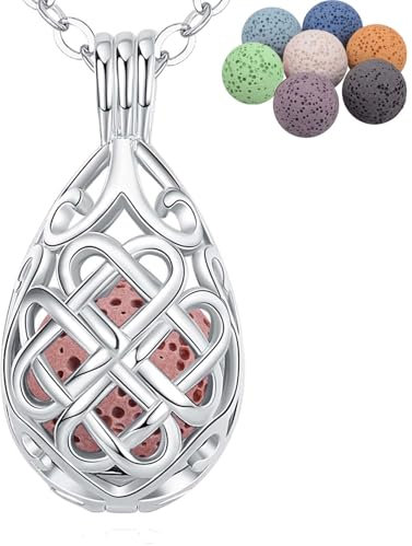 INFUSEU Aromatherapie Kette Aroma Diffuser, Versilbert Keltischer Liebesknoten Ovale Muster Anhänger Duftstein Meditationskette Damen Schmuck mit 24 Kette & 7 wiederverwendbaren Lava Perlen