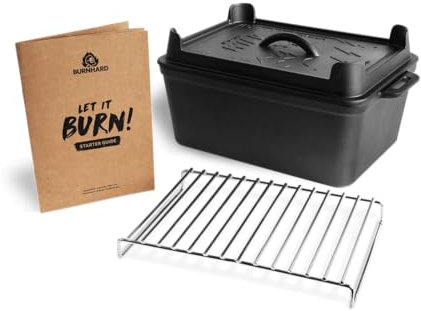 BURNHARD Gusseisen Kastenform mit Pfannendeckel 6,5 L rechteckig, Pre-Seasoned - große Auflaufform ideal zum Brotbacken, Braten, Kochen und Schmorren mit Edelstahl Rosteinsatz
