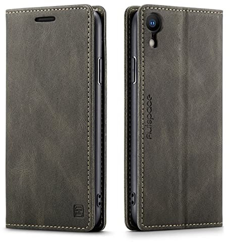 LOLFZ Wallet Case for iPhone XR, Magnetic Flip Leather Case with RFID Block Card Slots Kickstand Shockproof Protective Cover Compatible with iPhone XR - Coffee Brown