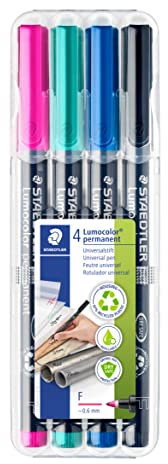 STAEDTLER permanenter Universalstift Lumocolor, wisch- und wasserfest, sekundenschnell trocken, F-Spitze - Linienbreite 0,6 mm, 4 Marker in brillanten Farben, 318 WP4-1