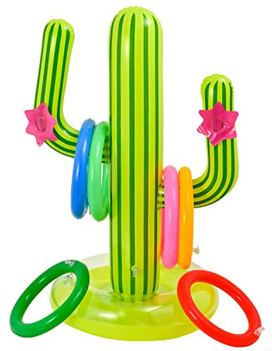 NAUZE 7 Pieces Cactus Ring Toss Game Set Inflatable Cactus with 7 Rings for Hawaii Party Decor Swimming Pool Toy