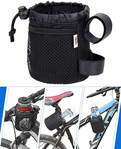KEMIMOTO 2 Pack Bike Cup Holder, 5 Inch Bike Water Bottle Holder Bicycle Handlebar Drink Holder with Mesh Pockets Phone Bag for Cruiser, Mountain Bike, Scooter, Folding, Road Bike, Wheelchair