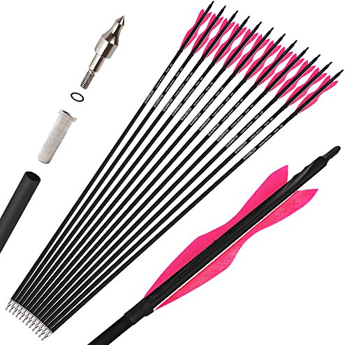 wolfman 12X Carbonpfeile für Bogenschießen Spine 500 Pfeil Bogen Pfeile Carbon Jagdpfeile Zielpfeile mit 5 Zoll Natürliche Federn Pfeil für Recurvebogen Compoundbogen(2 rosa 1 schwarz, 33 Zoll)