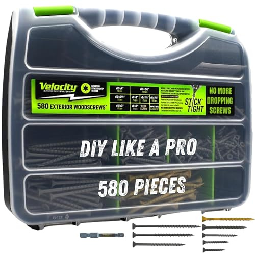 Velocity Exterior Wood Screws Site Case - Wood Screws Assortment Kit in 7 Sizes, Stick Tight Technology, Includes 4 Hexstix Drive Bits and Storage Organizer (580 Pieces)