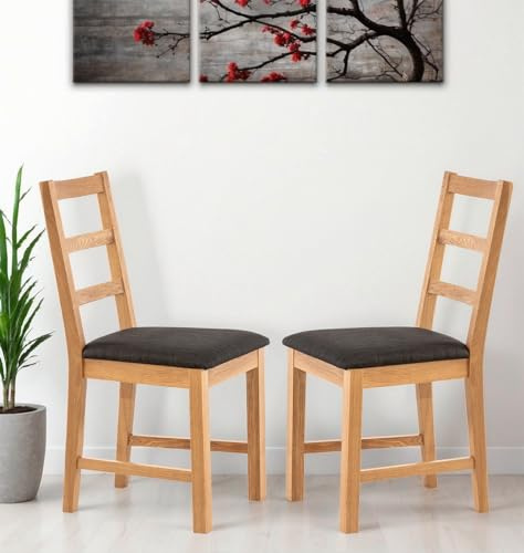 Hallowood Furniture Oak Dining Chairs Set of 2 in Charcoal Grey Seat Pad | Modern & Stylish Ladder Back Solid Wooden Oak Small Kitchen Dining Room Chairs in Linen Fabric Seat for Home, Restaurant/Café