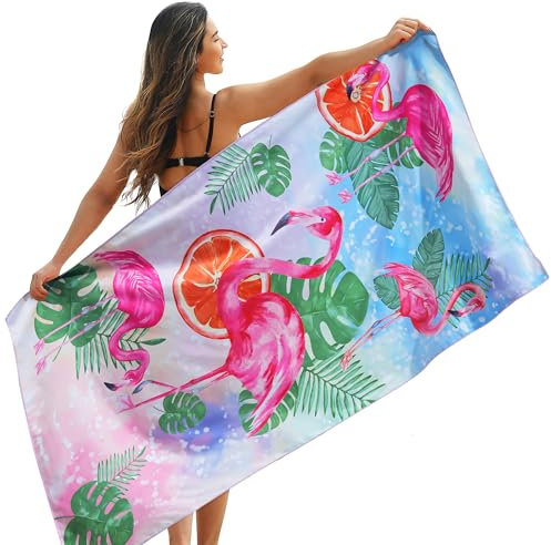 Winthome Strandtuch Wendbar - Strandtuch Mikrofaser Leicht Schnelltrocknend, Strandhandtuch Groß Sandfrei, für Damen Herren Reise Urlaub Schwimmen Campin, mit Tasche (Flamingo,180x90cm, 1 Pack)