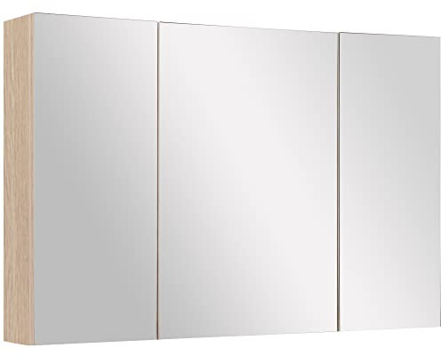 kleankin Armario de Baño con Espejo Mueble Espejo para Baño con 3 Puertas y Estantes Ajustables para Aseo Dormitorio Estilo Moderno 90x60x13,5 cm Roble