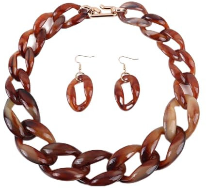 MUWIZ Acryl große dicke Kette Choker Halskette für Frauen Harz Gliederkette Halsband Halskette Set (Größe: 50 cm, Farbe: braun marmoriert)