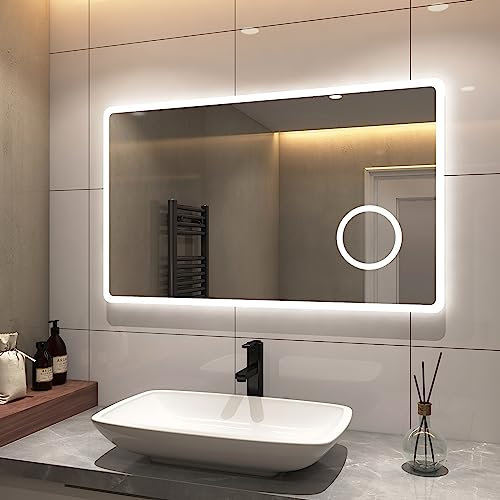 S'AFIELINA Badspiegel 100×60 cm Badezimmerspiegel mit Beleuchtung LED Badspiegel mit Druckknopfschalter 2 Lichtfarbe Kaltweiß und Warmweiß, Beschlagfrei, 3X Vergrößerung, Speicherfunktion