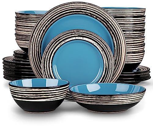 Servizio combinato in gres porcellanato, vancasso ARBRE - Servizio da tavola da 32 pezzi Ess con 8 piatti piani, piatti da torta, ciotole e ciotole per zuppa per 4-12 persone