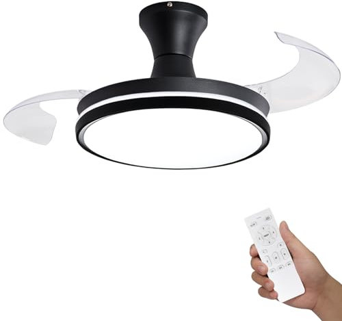 Ceiling Fans with Lights and Remote, 48W Black Ceiling Fan with Retractable Blades, 39 inches Ceiling Fans with Lamps Invisible Reversible DC Motor Silent, Fan Light LED for Bedroom, 6 Speeds, Timing