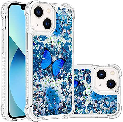IMEIKONST Glitzer Hülle Kompatibel mit iPhone 15 Plus, Handyhülle Flüssig Mädchen Treibsand Glitzer klar Stoßfest TPU Silikon Schuzhülle für iPhone 15 Plus. Bling Blauer Schmetterling YB
