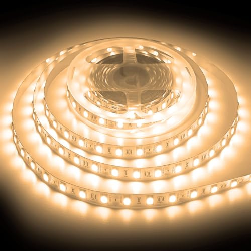 ShineBurky LED Strip 5M Warmweiß, 12V LED Streifen Selbstklebend, 300LEDs | SMD5050 Dimmbar Beleuchtung Lichtband Strips Flexibel for Leiste Küche Innen Beleuchtung Spiegel TV DIY Deko (ohne Netzteil)