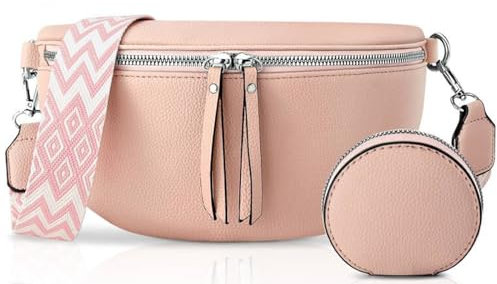 PASUDA Damen Umhängetasche Leder Rosa Bauchtasche Für Damen Crossbody Bag mit Breitem Schultergurt Hüfttasche Gürteltasche Geldbörse Klein Stylisch (Rosa)