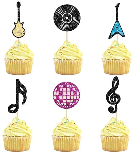 Gyufise 24Pcs Music Guitar Cupcake Toppers Glitter Rock Music Cupcake Picks Disco Ball Cake Decorations for Musician Rock Theme Baby Shower Kids Birthday Party Cake Decorations Supplies