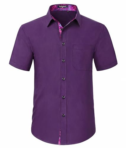 Enlision Men's Purple Dress Shirts Short Sleeve Formal Shirt Business Casual Button Up Shirts L