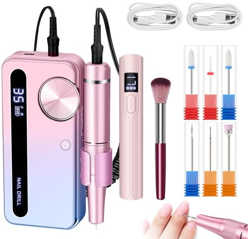 Atopskins Electric Nail Drill Kit 6 in 1 with Handheld U V Nail Lamp 35000 RPM Cordless Manicure Set for Acrylic Gel Tool 3000mAh Rechargeable Efile Nail Grinder Machine Professional LCD Display Pink