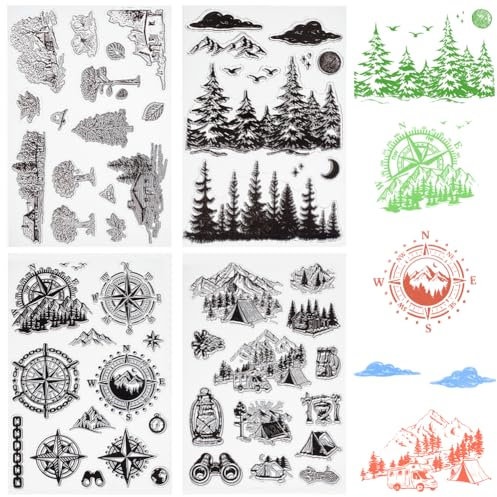 CRASPIRE 4 Stück Kompass Bergbaum Klare Gummistempel Waldlandschaftshintergrund Wiederverwendbare Transparente Silikonstempelsiegel Vintage Für Tagebuchkartenherstellung Dekor DIY Scrapbooking Zubehör