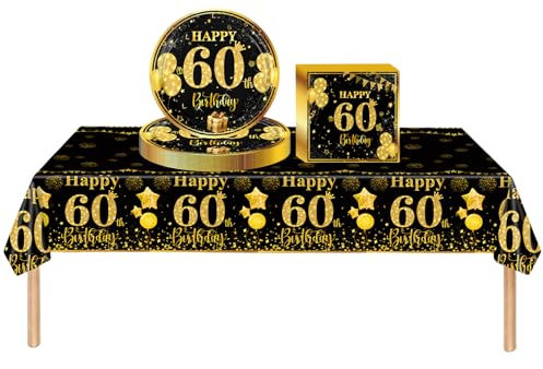 COSORO 37pcs Black Gold 60th Birthday Decorations for Women,Men: Tablecloth, Paper Plates, Napkins for 60th Birthday Parties