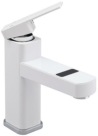 Digitale Wasserhahn mit LED Temperaturanzeige - Bad Waschtisch Mischbatterie Einhebel - Modernes Design aus Rostfreier Stahl - Deck Mount Installation - Keramikspule - 0-99°C Anzeige (Weiß)