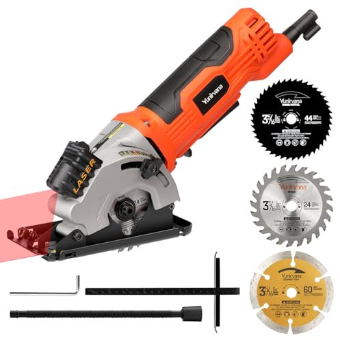 Yunirvana Compact Circular Saw, 480W Power, 3500 RPM, 28.5mm Max Cutting Depth, Includes 3X 85mm Blades, Laser Guide for Precision, Ideal for Cutting Wood, PVC, and More