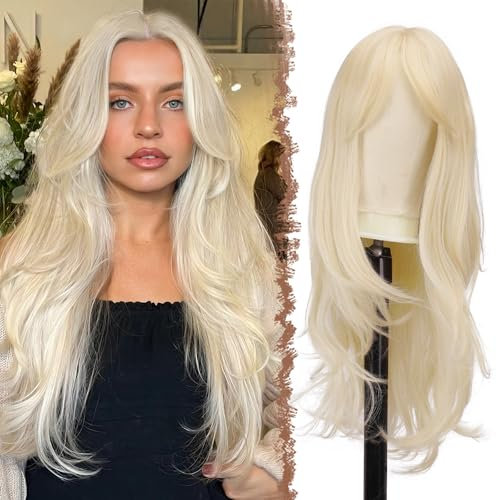 FESHFEN Lange Perücken mit Pony, Platinblond Geschichtete Perücke für Damen Frauen Natürliche Synthetik haare Perucken für Tägliche Party Cosplay, 65 cm