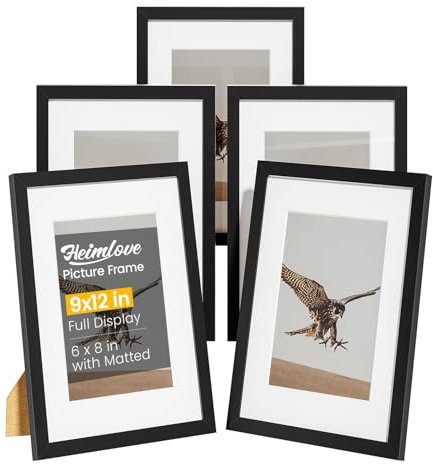 Heimlove Bilderrahmen mit Passepartout für 15,2 x 20,3 cm, 5 Stück, schwarzer Kunststoff-Bilderrahmen für Poster, Diplome, Zertifikate und Dokumente, mit Galerie-Wandrahmen-Set