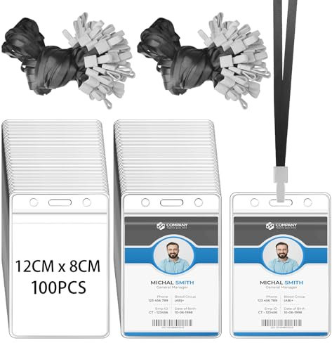 FZENeast 100 Stück Ausweishülle mit Band,Transparente Wasserdicht Vertikal Kartenhülle mit Schlüsselband für Ausstellung Büro Schule(Schwarz)