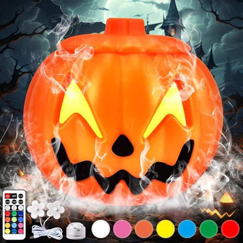 Ulikey Halloween Citrouille Led Lumineuse, Mini Machine à Fumée de Changement Couleur, Brumisateur à Ultrasons avec Seau de Citrouille, Decoration Halloween Citrouille pour Jardin et Maison Hantée (1)