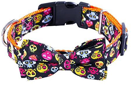 Hrlace 1stk Halloween Katzenhalsband Hundehalsband mit Abnehmbarer Schleife Verstellbare Haustierhalsbänder mit Metall-Klickverschluss für Mittlere Große Hunde Welpen Katzen Schwarzer Totenkopf M
