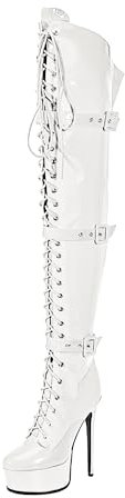 MANYUBEI Stivali sopra Il Ginocchio da Donna 15 CmStivali Lunghi con Lacci sul Davanti Alti alla Coscia con Plateau Tacco A Spillo Punta Tonda di Grandi Dimensioni Cerniera Laterale, 45 EU,White