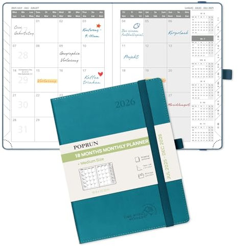 POPRUN Kalender 2025 2026 Monatsplaner 22 x 16,5 cm - 18 Monate Monatskalender Softcover A5 (Jul.2025-Dez.2026) - 1 Monat 4 Seiten, mit PU-Leder, 100 GSM Papier - Pazifikgrün