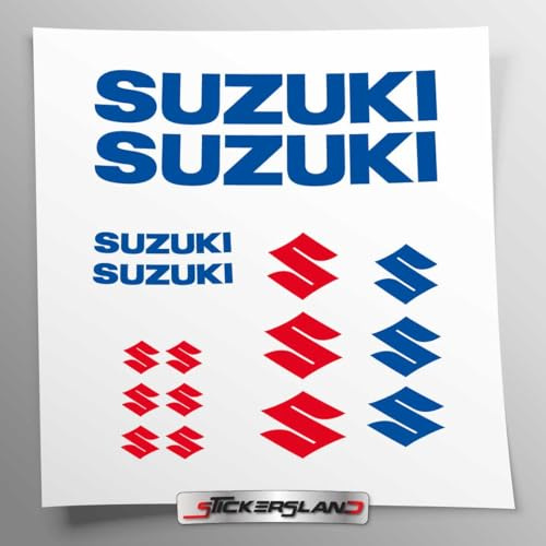 Kit de pegatinas compatible con tanque y casco de moto Suzuki | Adhesivo preespaciado de FÁCIL APLICACIÓN | letras y logotipos | Stickersland® (Azul Brillante)