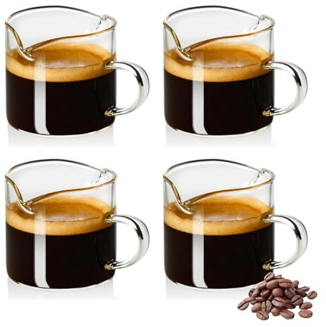 ZhouZGlass Espresso Cups, 4 OZ Double Spouts Cups, Espresso Shot Glasses, Milk Cup with Handle, Clear Glass, Accessories for Espresso Machine (4pcs)