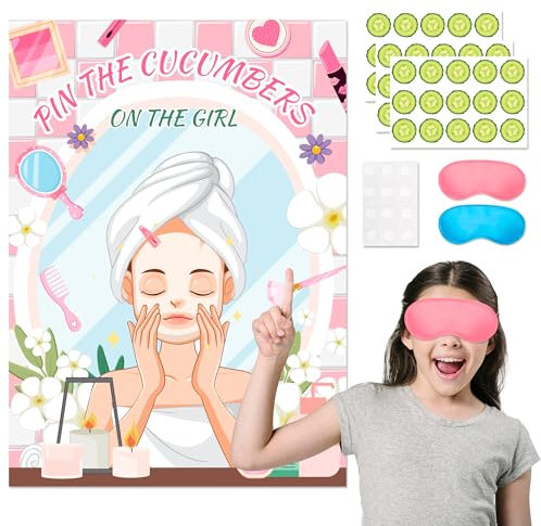Kaxulvoblig Lot de 7 affiches de jeux de fête spa « Pin The Concomber on The Girl » – Autocollants de concombre et décorations de fête d'anniversaire spa pour femmes et enfants